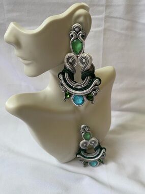 Green and Teal Statement Earrings - Women Jewelry